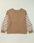 Khaki Striped Checkered Mixed Print Chest Pocket Casual Plus Size Top