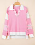 Stripe Colorblock Collared Drop Shoulder Sweater
