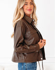 Leather Drawstring Hem Pocketed Jacket
