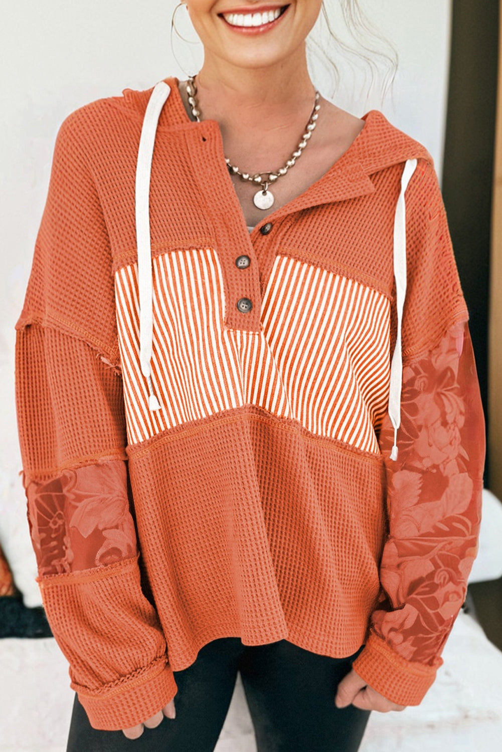 Stripe Patchwork Waffle Knit Long Sleeve Hooded Top