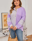 Plus Size Stripe Patchwork Buttoned Drop Shoulder Pullover