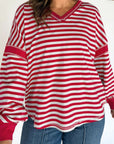 Stripe Reverse Seam V-Neck Balloon Sleeve Pullover