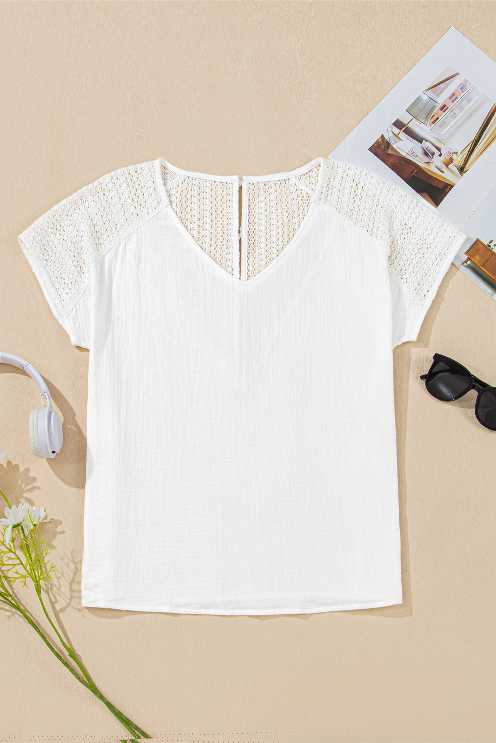 Novah Lace Crochet Textured Button Back Top