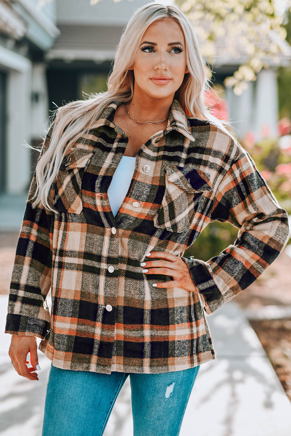 Plaid Pocketed Button Front Shacket