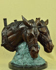 Art Deco 70 LBS Two Horses Head Bust Bronze Sculpture Marble Base Figurine