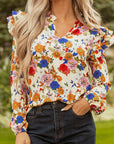 Apricot Ruffled Shoulder Long Sleeve Floral Blouse