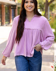 Corded V-Neck Bubble Sleeve Babydoll Blouse