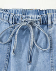 Denim Raw Hem Drawstring Wide Leg Pants