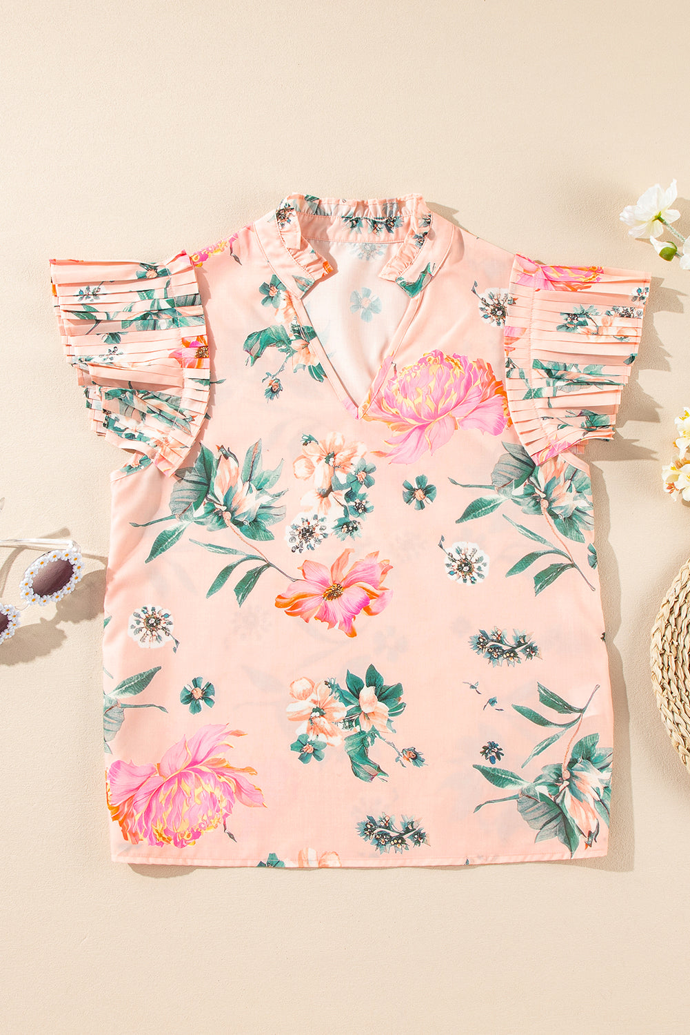 Kori Frilled V Neck Pleated Sleeve Blouse