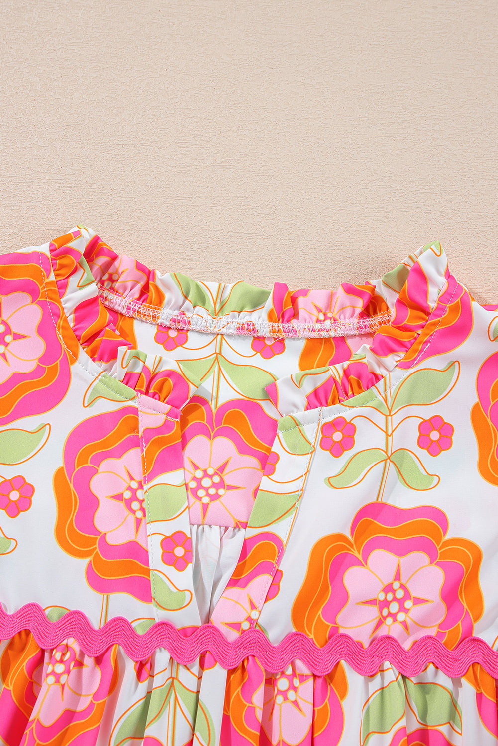 Floral Ric-Rac Ruffle Sleeve Blouse