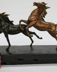 Extra Large Two Racing Horses Stallion on Natural Wood Bronze Sculpture Statue
