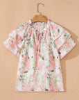 Floral Stripe Contrast Ruffle Sleeve Blouse