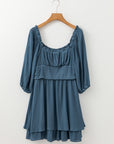 Solid Ruched Frilled Neck 3/4 Sleeve Dress