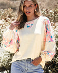 Floral Patchwork Balloon Sleeve Textured Blouse