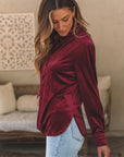 Gwynn Frilled Neck Buttoned Front Velvet Top