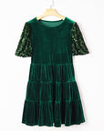 Velvet Sequin Puff Sleeve Tiered Mini Dress