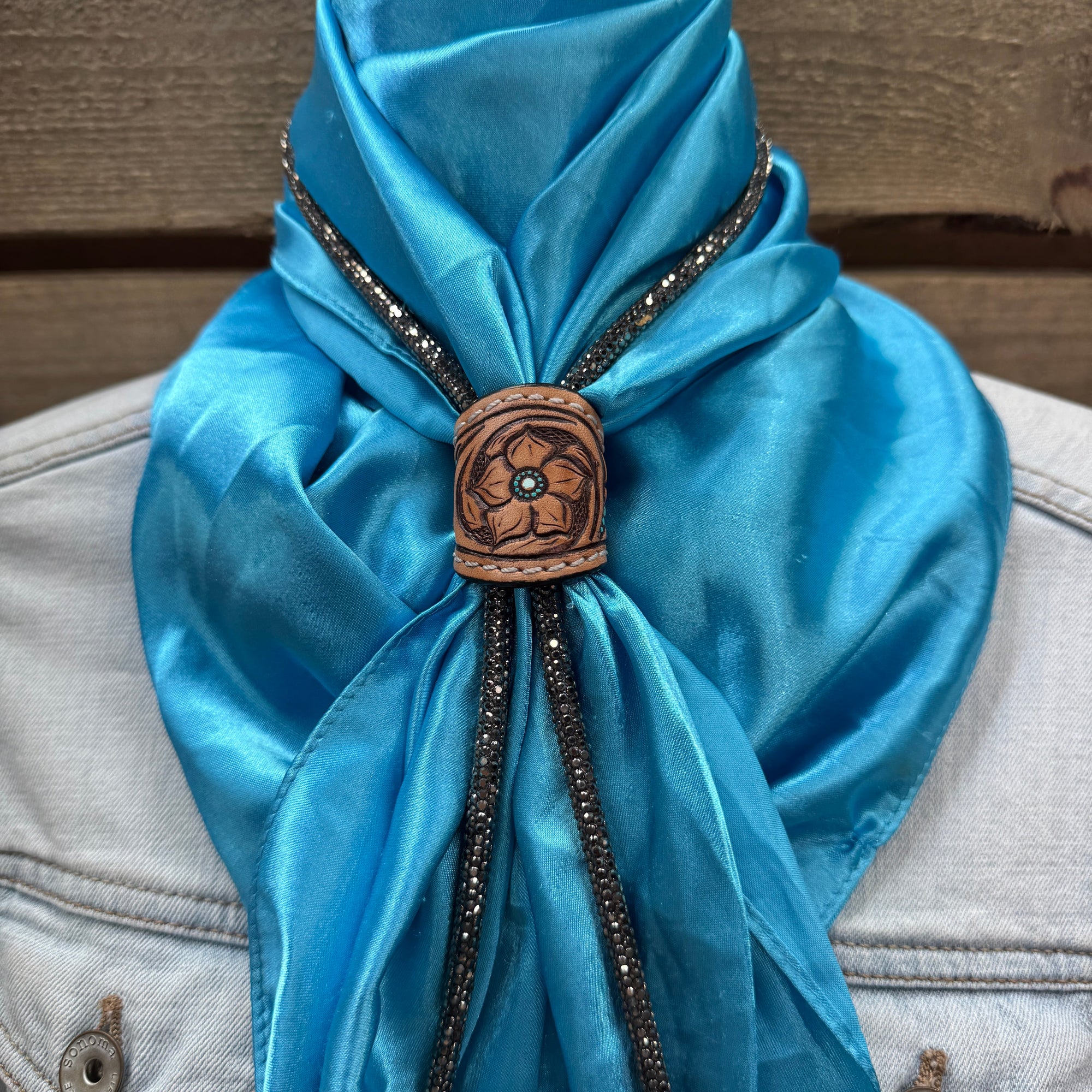 35X35&quot; Solid Aqua Wild Rag / Scarf - Leather Slide and Bolo Tie
