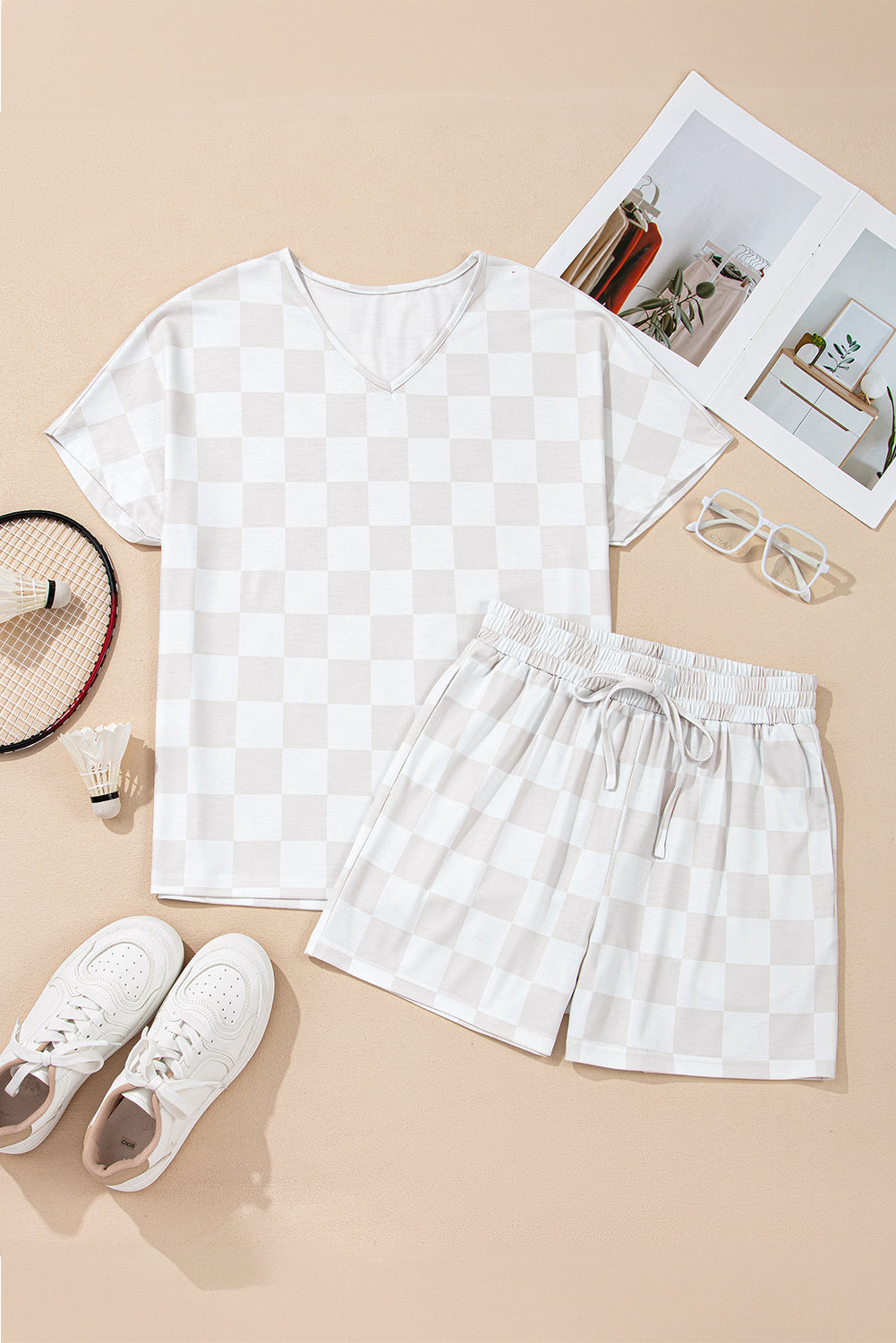 Scottie Checkered Tee Drawstring Shorts Lounge Set