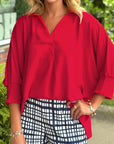Solid Collared V-Neck Smocked 3/4 Sleeve Top