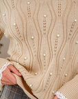 Pearl Beaded Pointelle Knit V-Neck Lace Trim Sweater
