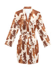 Light Brown Cow Print Women's Long Sleeve Belted Satin Feel Dressing Lounge Robe