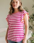 GloriaStriped Ruffle Sleeve Crew Neck Blouse