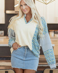 Floral Stripe Collared V-Neck Drop Sleeve Sweatshirt