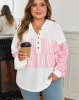 Pink Stripe Leopard Patchwork Waffle Knit Buttoned Plus Size Hoodie