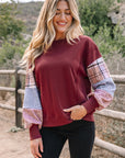 Plaid Patchwork Long Sleeve Raw Seam Sweatshirt