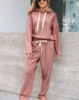Solid Corduroy Lace Hoodie and Pants Set