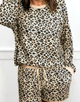 Leopard Contrast Trim Pullover and Drawstring Shorts Set