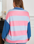 Plus Size Stripe Colorblock Patchwork Half-Zip Top