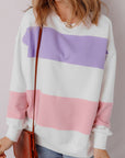 Beige Colorblock Patchwork Drop Shoulder Crewneck Sweatshirt