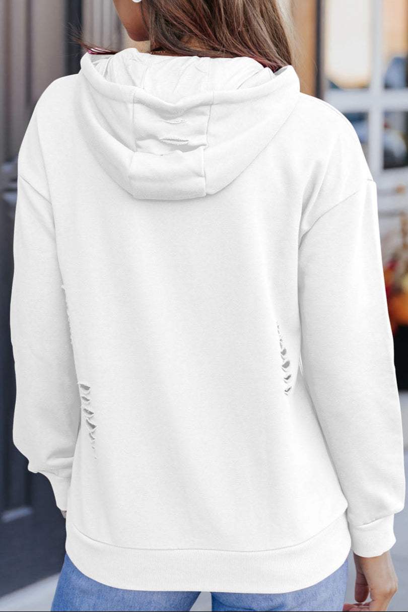 Solid Ripped Hooded Sweatshirt
