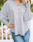 Stripe Smocked Long Sleeve Button-Up Shirt