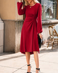 Solid Ruched Long Sleeve Midi Dress