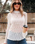 Sheer Lace Bell Sleeve Mock Neck Blouse