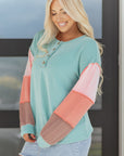 Colorblock Corded Knit Long Sleeve Henley Top