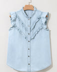 Mazie Mineral Wash Cap Sleeve Frilled Button Up Denim Shirt