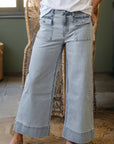Stripe Denim Button Flap Pocket Cuffed Hem Jeans