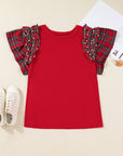 Plus Size Christmas Plaid Pearl Ruffle Sleeve Holiday T-shirt