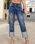 Denim High Waist Distressed Straight Leg Jeans
