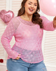Pink Plus Size Bow Embroidered Mesh Long Sleeve Top
