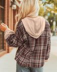 Plaid Quarter-Button Patchwork Long Sleeve Hooded Blouse