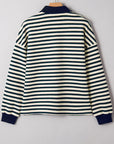 Stripe Contrast Trim Collared Zip Long Sleeve Top