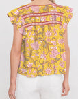 Floral Ruffle Sleeve Notched Neck Blouse