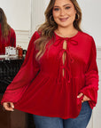 Plus Size Velvet Tie Front Peplum Blouse