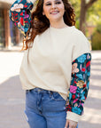 Plus Size Floral Patchwork Sleeve Textured Top