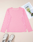 Pink Plus Size Bow Embroidered Mesh Long Sleeve Top