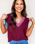Colorblock V-Neck Cuffed Short Sleeve Sweater